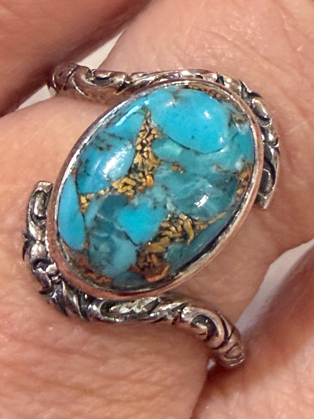 Vintage YS India 925 Sterling Silver Blue Copper Turquoise Ring Size 9.25 Bypass